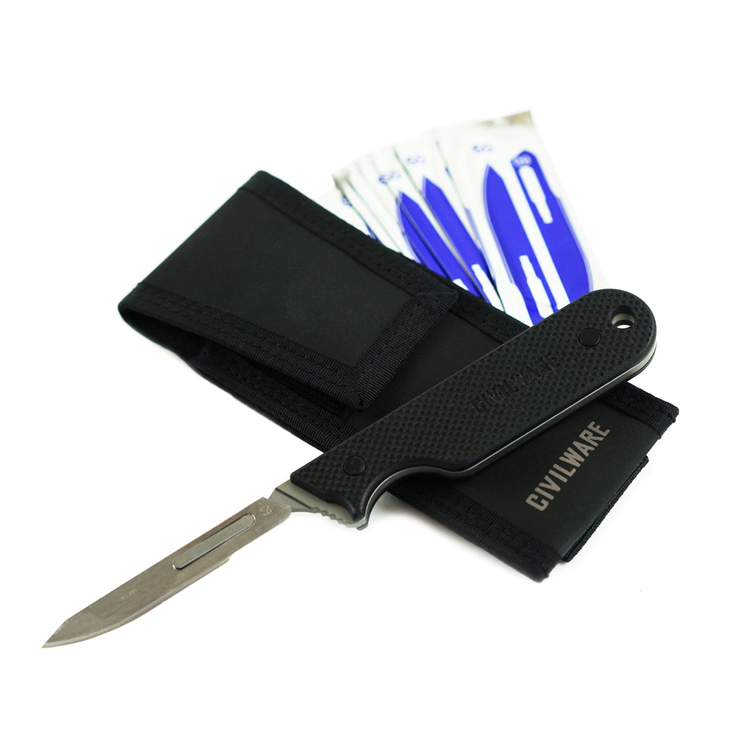 Civilware's Interchangeable Blade Knife in Black. Ultralight titanium skinning knife with removable and replaceable surgical blades for easy, precision skinning of big and small game animals, alike.