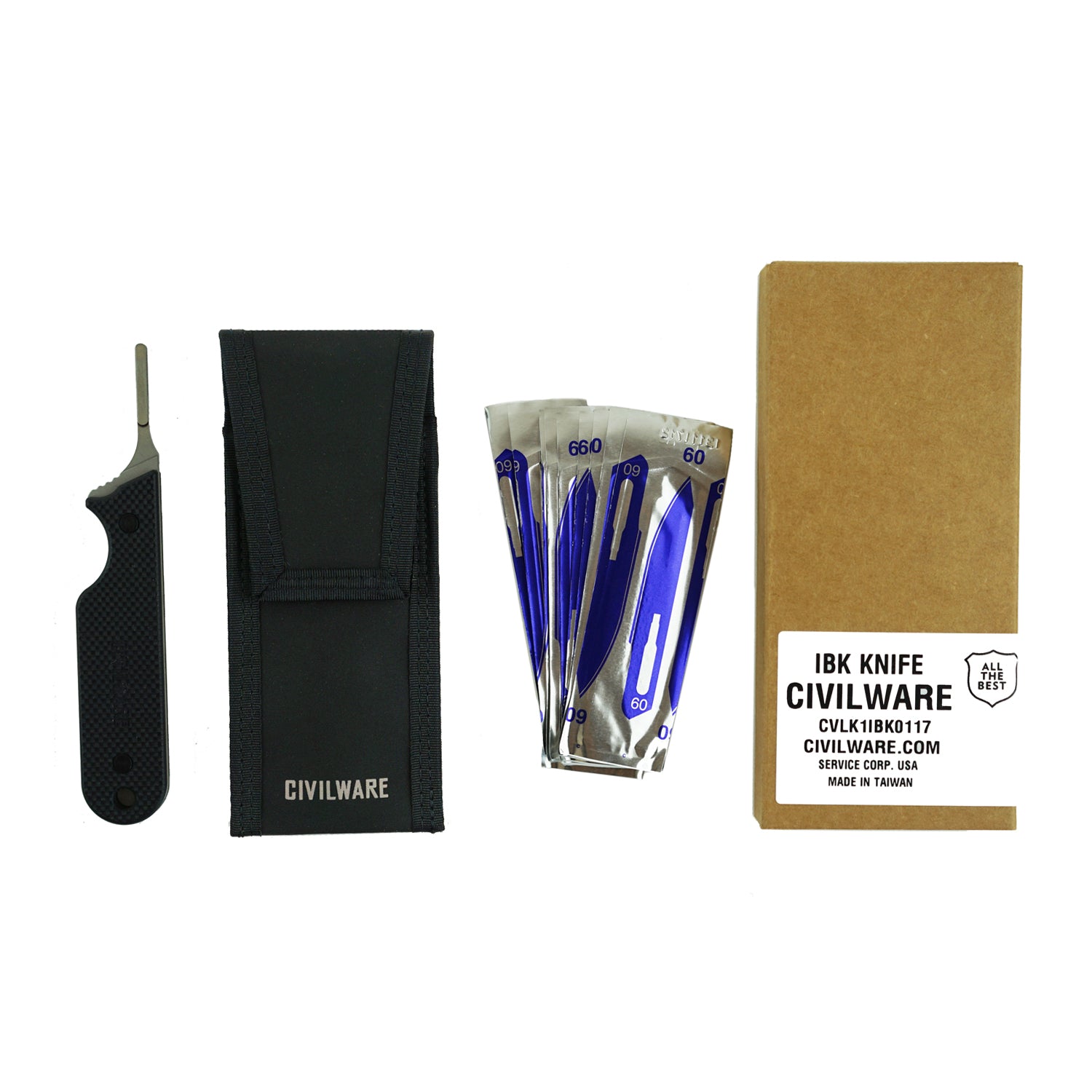 Civilware's Interchangeable Blade Knife in Black. Ultralight titanium skinning knife with removable and replaceable surgical blades for easy, precision skinning of big and small game animals, alike.