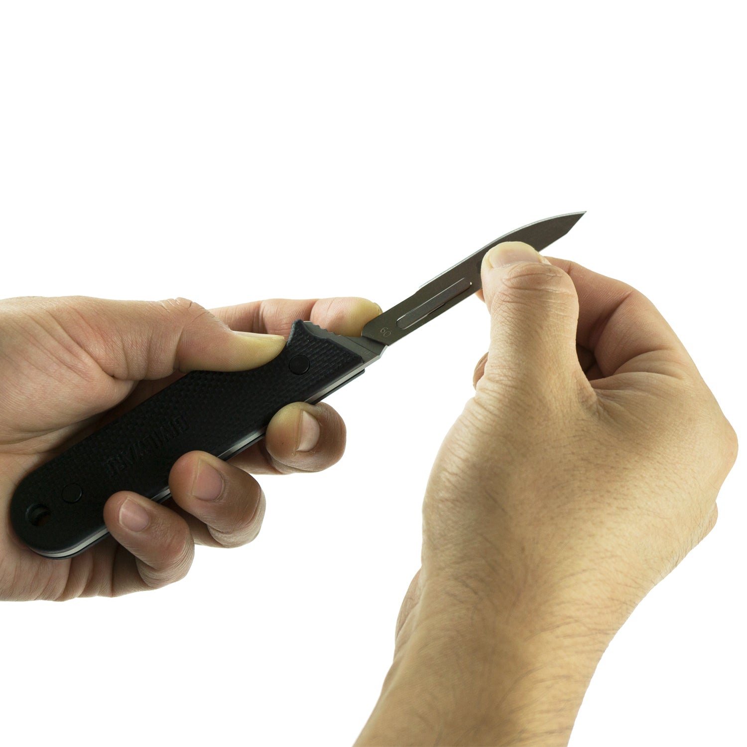 Civilware's Interchangeable Blade Knife in Black. Ultralight titanium skinning knife with removable and replaceable surgical blades for easy, precision skinning of big and small game animals, alike.