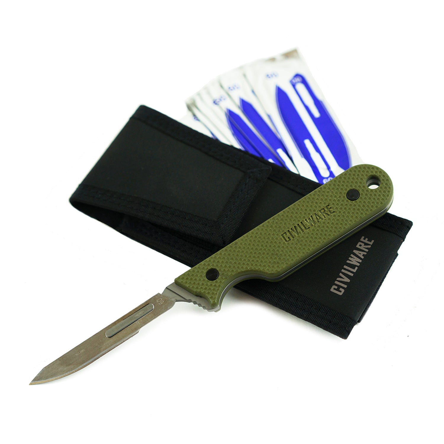 Civilware's Interchangeable Blade Knife in OD Green. Ultralight titanium skinning knife with removable and replaceable surgical blades for easy, precision skinning of big and small game animals, alike.