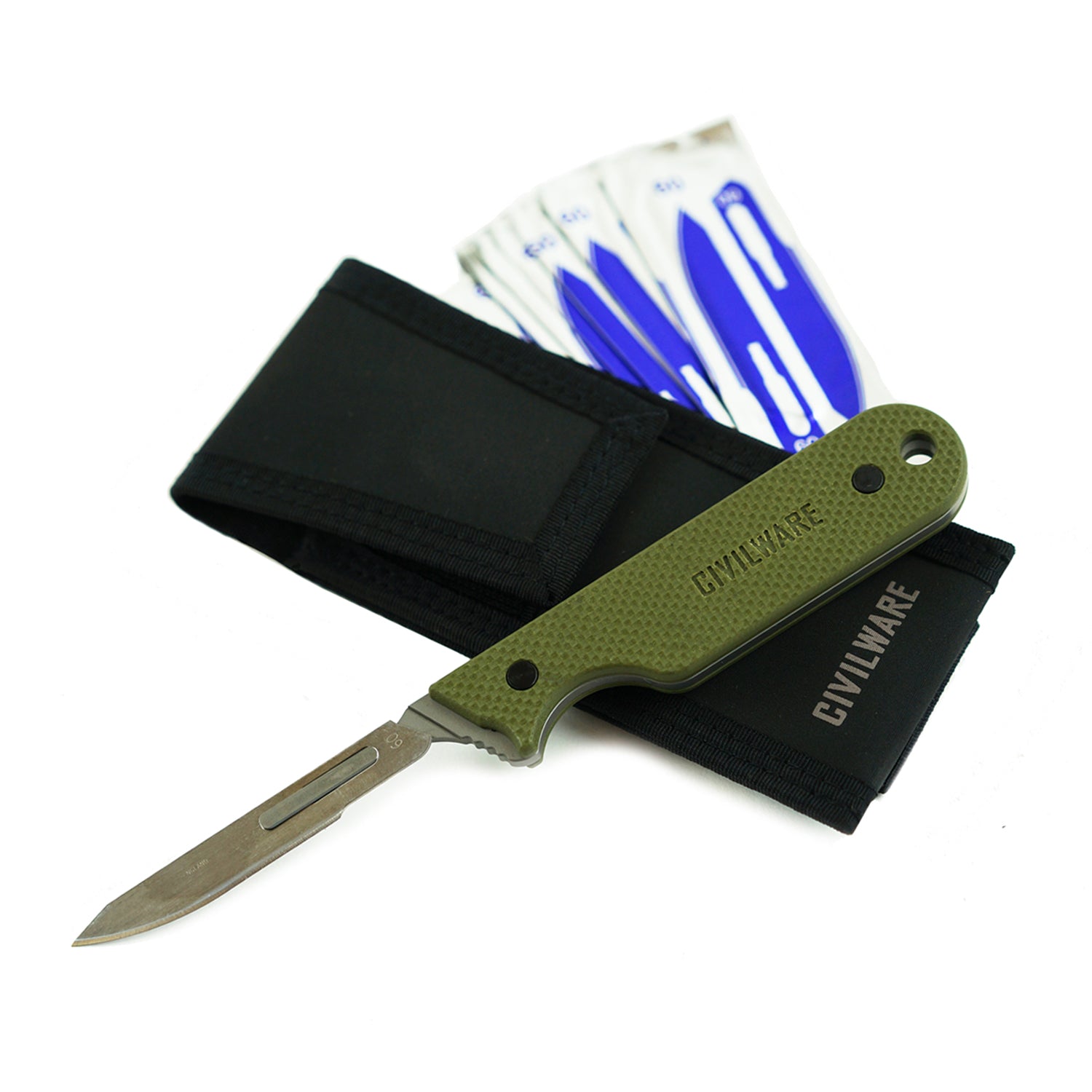Civilware's Interchangeable Blade Knife in OD Green. Ultralight titanium skinning knife with removable and replaceable surgical blades for easy, precision skinning of big and small game animals, alike. 