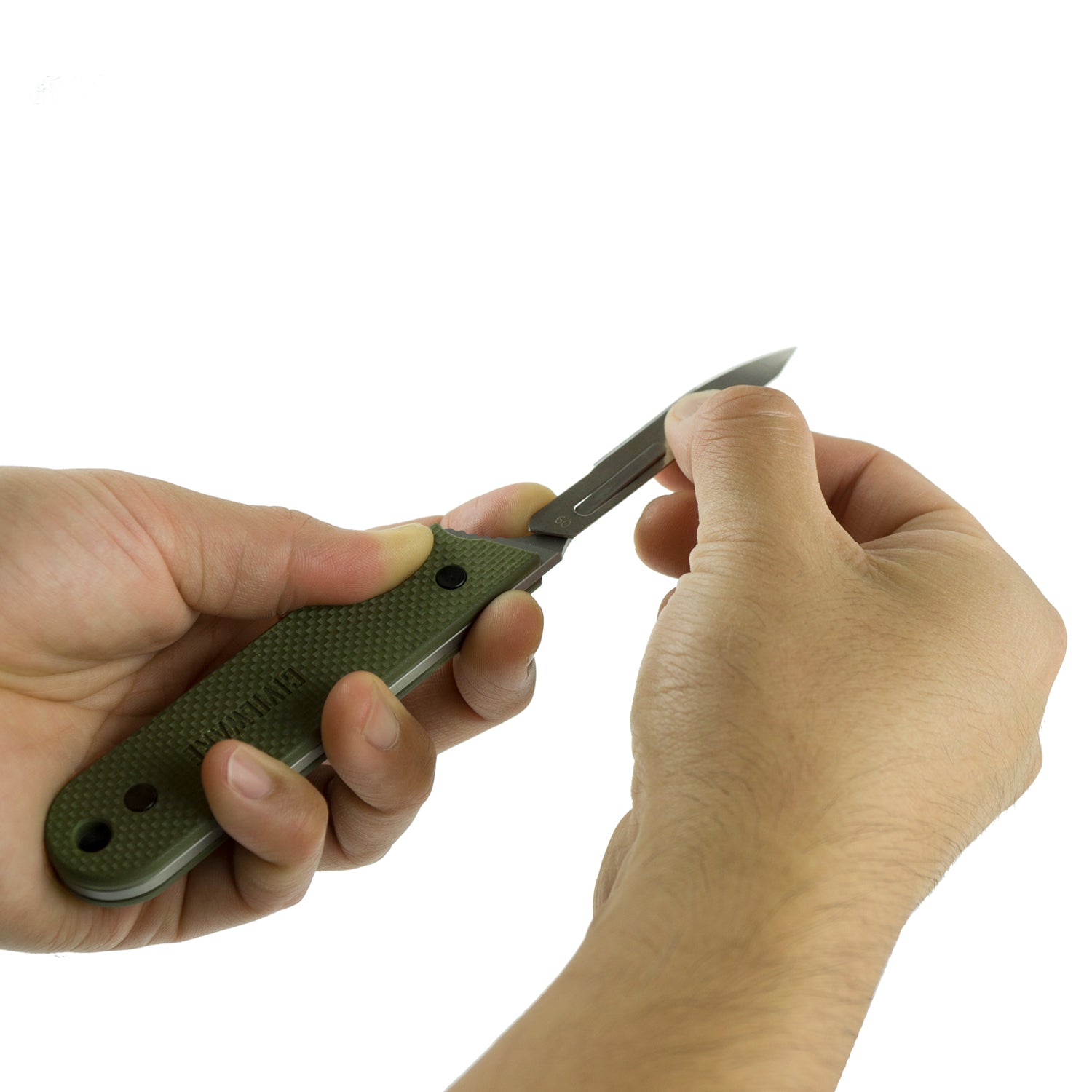 Civilware's Interchangeable Blade Knife in OD Green. Ultralight titanium skinning knife with removable and replaceable surgical blades for easy, precision skinning of big and small game animals, alike.