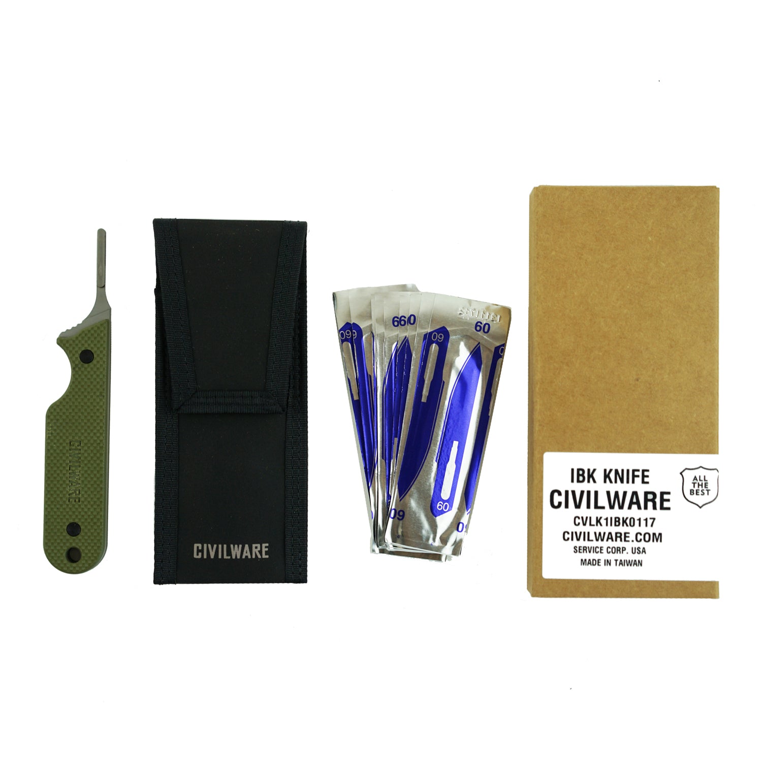 Civilware's Interchangeable Blade Knife in OD Green. Ultralight titanium skinning knife with removable and replaceable surgical blades for easy, precision skinning of big and small game animals, alike. 